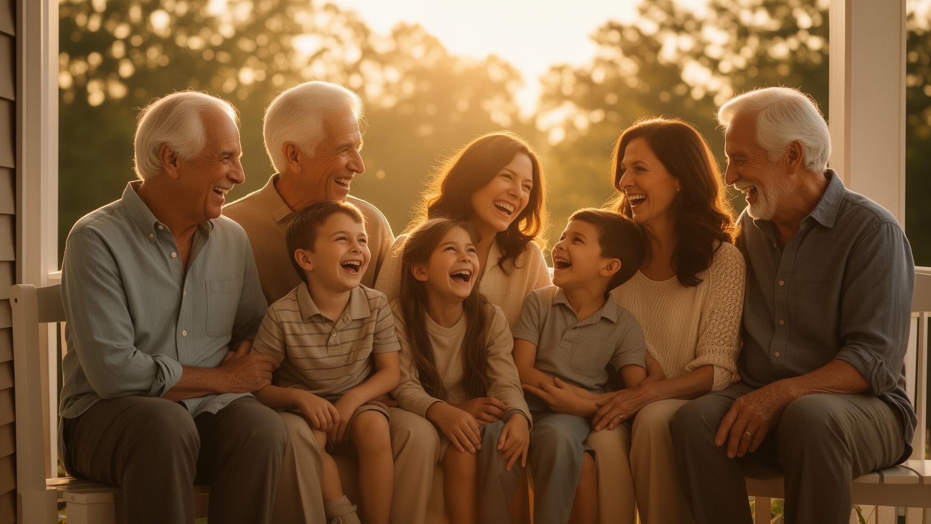 Multigenerational family laughing together on a sunlit porch